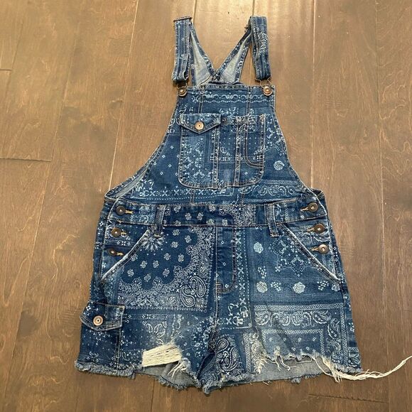No Boundaries Short Overalls Shortalls Women M Y2k Blue Bandana Print Denim - Picture 1 of 14